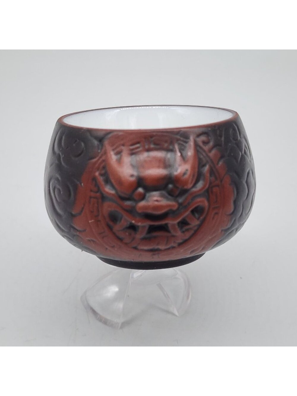 Vintage Red & Black Dragon Teacup Intricate Carved Design Yilong Zisha 2"